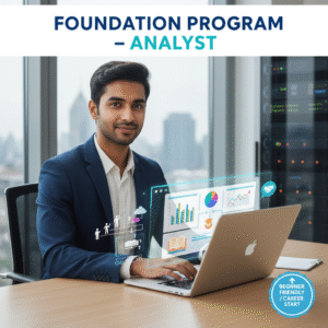 Digital illustration of professionals analyzing data on dashboards with charts, databases, and cloud icons, representing the Analyst Program Foundation Course.