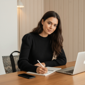 Focused Elegance – Female Workspace Portrait AI Prompt
