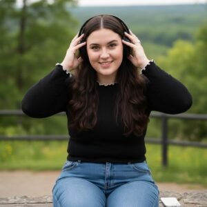 Young woman with headphones smiling peacefully outdoors while listening to music.