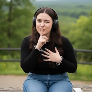 Young woman with headphones smiling peacefully outdoors while listening to music.