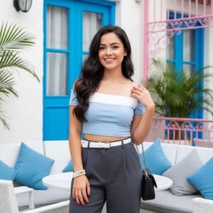 Cheerful young woman standing in a vibrant café patio, smiling confidently with stylish outfit and accessories.