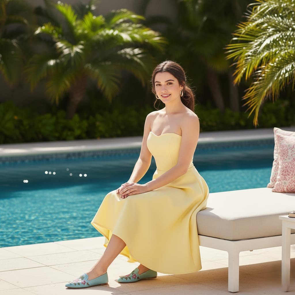 AI-generated portrait of a young woman in a yellow dress sitting by a pool, surrounded by tropical plants, under bright natural sunlight.