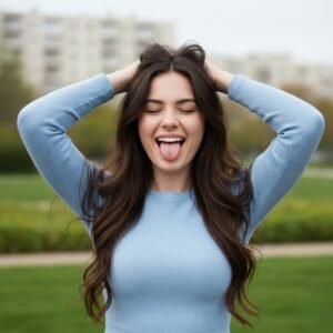 AI-generated portrait of a young woman outdoors with flowing hair, smiling playfully with her tongue out, wearing a blue top in bright daylight.