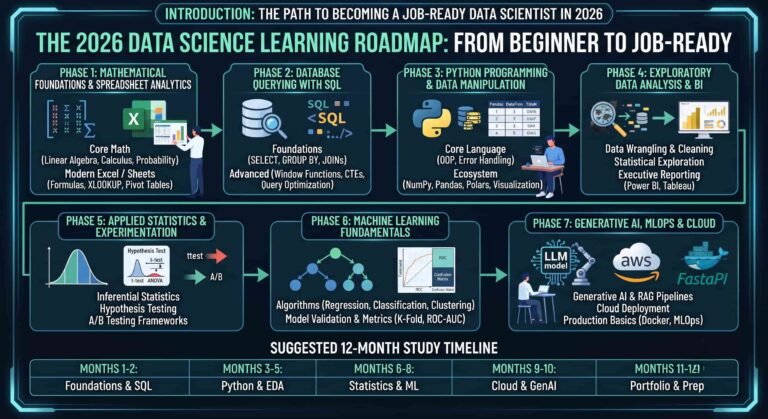 Data Science roadmap showing statistics Python SQL machine learning projects and career path