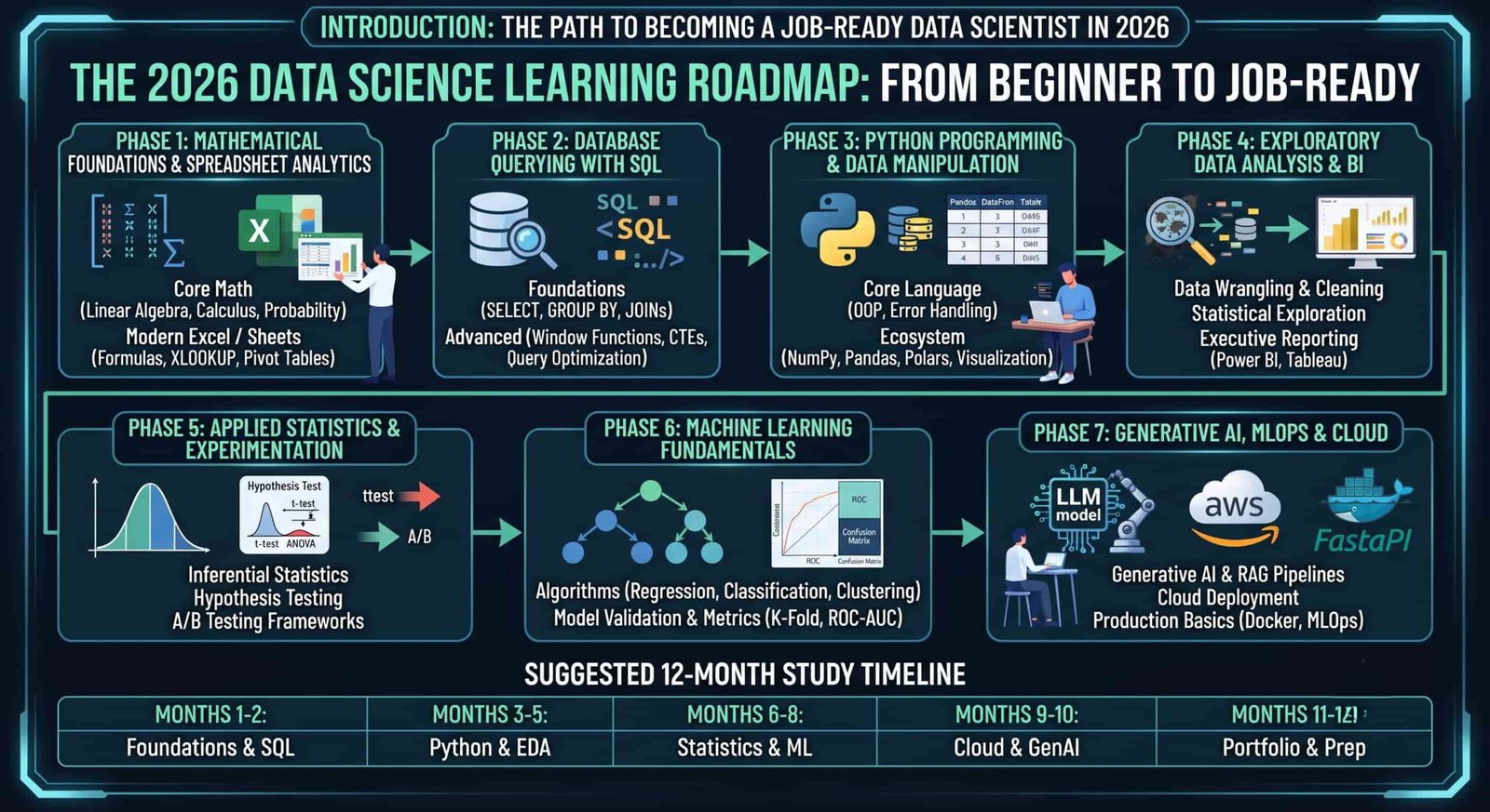 Data Science roadmap showing statistics Python SQL machine learning projects and career path