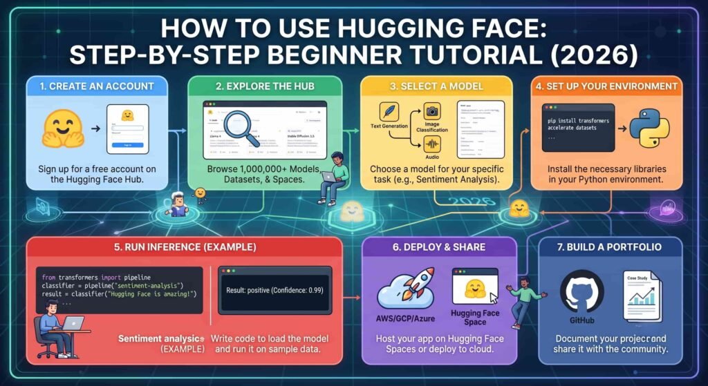 Learn how to use Hugging Face step by step. Discover how to create an account, explore AI models, run inference, use Transformers, deploy Spaces, and build your first AI application.