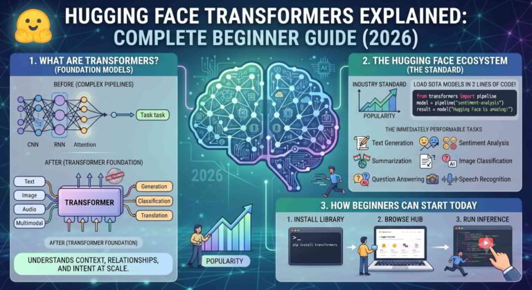 Learn how the Hugging Face Transformers library works, why it powers modern AI applications, and how developers use it to build chatbots, AI assistants, translation systems, and more.