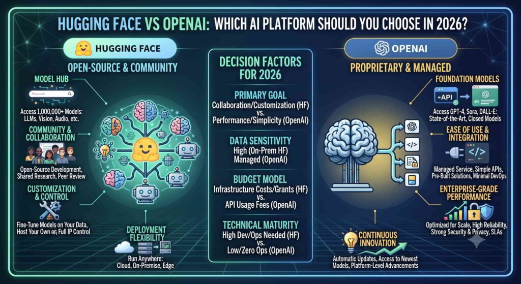 Compare Hugging Face and OpenAI across models, pricing, deployment, customization, open-source AI, enterprise adoption, and developer experience to determine which platform best fits your AI projects.