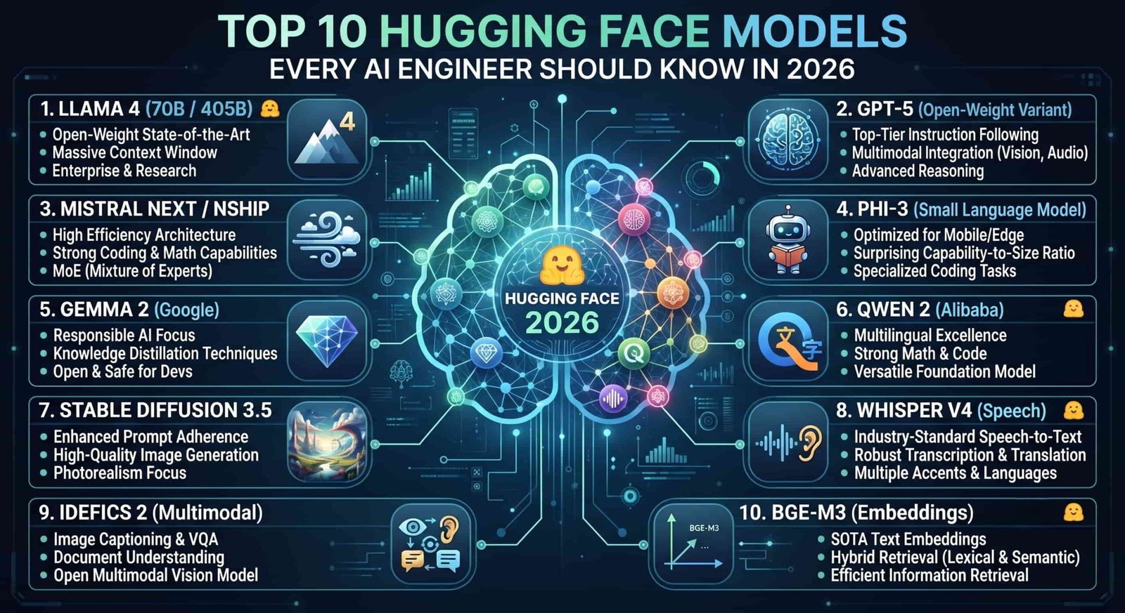 Discover the best Hugging Face models for AI engineering, machine learning, coding, reasoning, image generation, speech recognition, and enterprise AI applications in 2026.