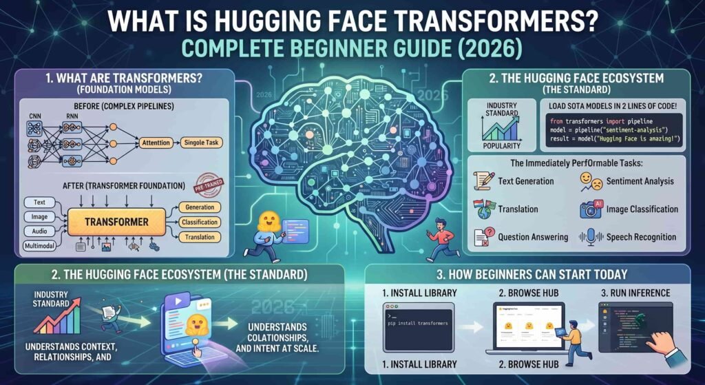 Learn what Hugging Face Transformers is, how it works, why it is important for AI development, and how beginners can use it to build NLP, computer vision, and generative AI applications.