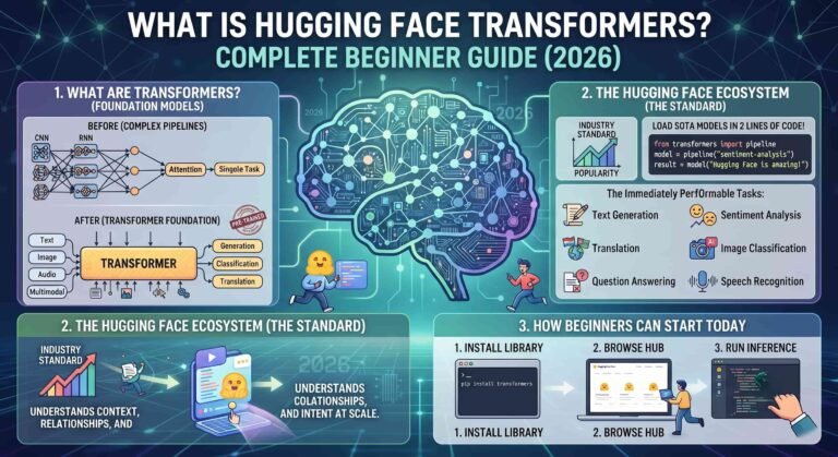 Learn what Hugging Face Transformers is, how it works, why it is important for AI development, and how beginners can use it to build NLP, computer vision, and generative AI applications.